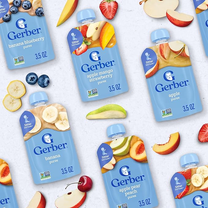 Gerber Stage 2 Baby Food, Apple Sweet Potato Cinnamon, Apple Mango Strawberry, and Banana Blueberry Puree Pouches, 18-Pack
