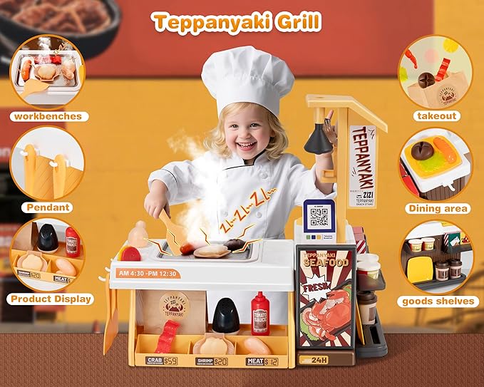 Kids Kitchen Food PlaySet - Simulated Teppanyaki Fast Food Restaurant Toy with Cash Register, Includes Color-Changing Food, Suitable Birthday Gift for Boys and Girls Aged 3-5