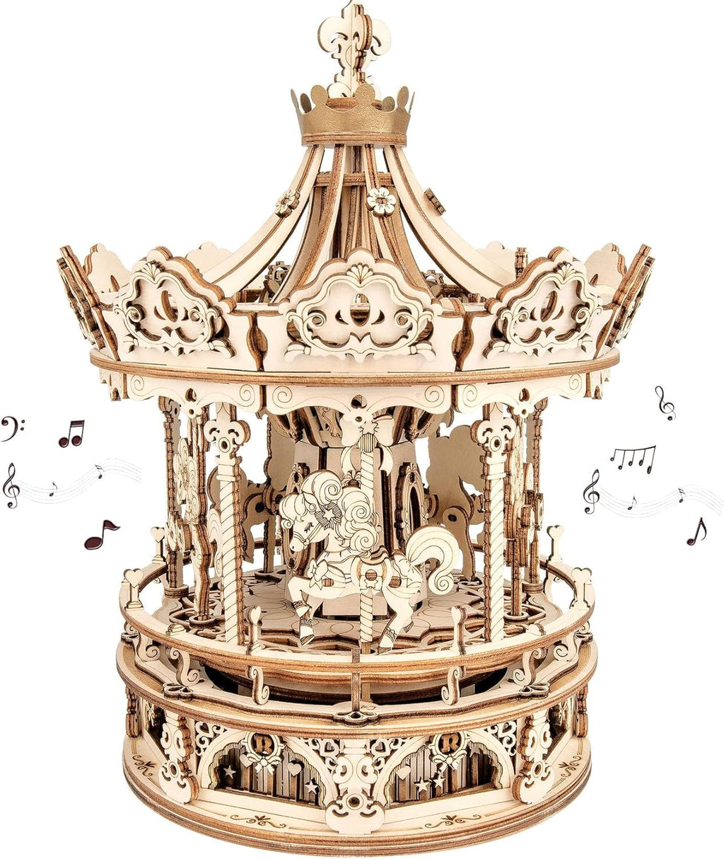 ROKR 3D Wooden Puzzles Music Box - DIY Model Building Kit Mechanical Merry-go-Round Exquisite Display Gifts for Teens Man/Woman Family