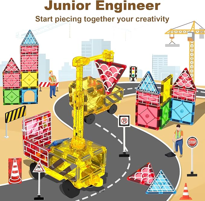 Magnetic Tiles Road Set Kids Toys, Magnetic City Construction Toys with Magnet Crane for 3+ Year Old Boys Girls, STEM Magnet Blocks Building for Kids Ages 3-5 4-8