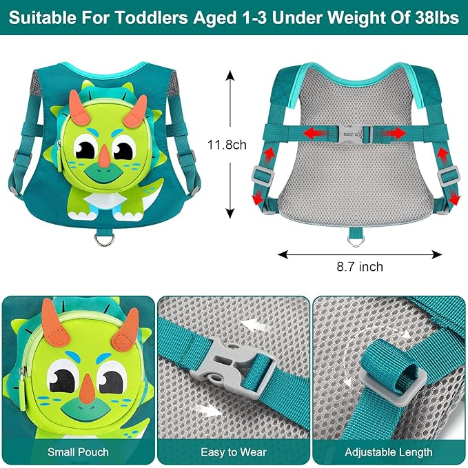 Toddler Harness Leash with Anti Lost Wrist Link, Accmor Kids Dinosaur Harnesses Leashes, Cute Triceratops Kids Walking Wristband Assistant Strap Belt for Parent Baby Boys Outdoor Activity