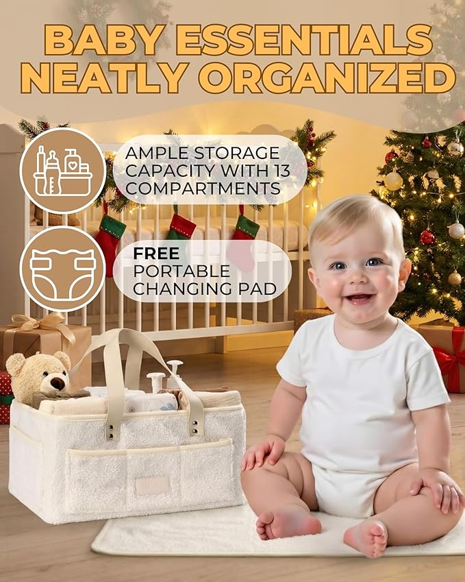 Baby Diaper Caddy Organizer with Portable Changing Mat - Teddy Fleece Diaper Organizer for Changing Table - Basket for Changing Essentials - Baby Essentials Organizer with Removable Dividers