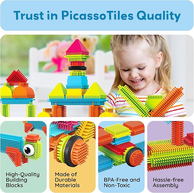 PicassoTiles 240pcs Hedgehog Interlocking Building Shape 3D Blocks, STEAM Educational, Creative, Fun Construction Playset, Sensory Toy Gift for Preschool and Kindergarten Kids, Ages 3 and Up, PTB240