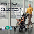 Mompush Velo Lightweight Travel Stroller – One-Hand Fold, Ultra-Compact & Airplane Friendly, Lie-Flat Recline Seat (from Birth to 50 lbs), Includes Cup Holder, Shoulder Strap, and Leather Bumper Bar