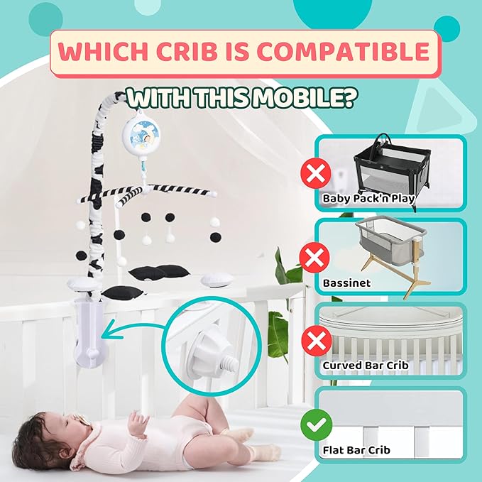 EVERLOVE Montessori Mobile Baby for Crib (TINITIGIES) - Digital Music Box with 12 lullabies & 3 Modes (Rotating only, Music only, or Both) - Black and White Baby Mobile for Boys & Girls