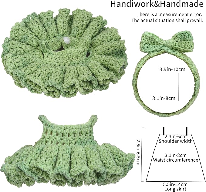 Handmade Crochet 17cm Doll Clothes - Stylish Styles with Halter Dress and Headband for Dress up 15cm/17cm Doll Accessories Suit (Green)