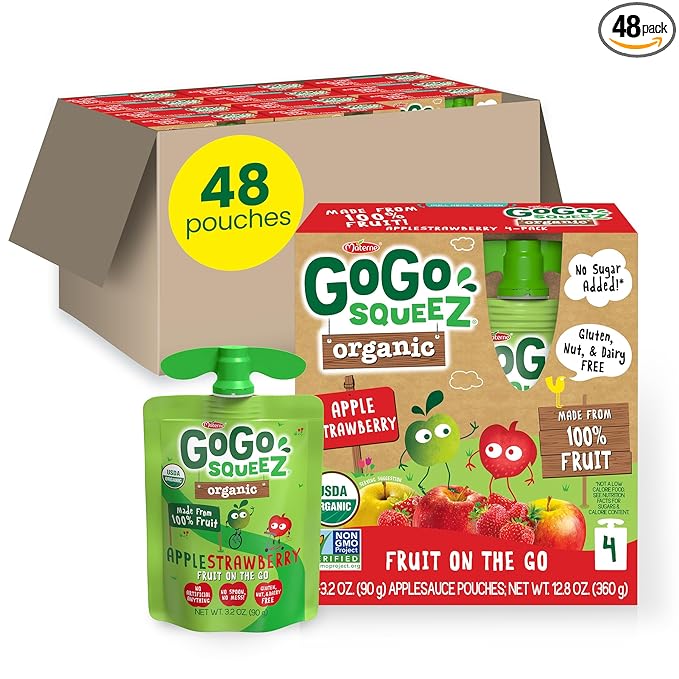 GoGo squeeZ Organic Applesauce and Fruit Puree Apple Strawberry, 3.2 oz (Pack of 48), Unsweetened Organic Fruit Snacks for Kids, Gluten Free, Nut Free and Dairy Free, Recloseable Cap, BPA Free Pouches