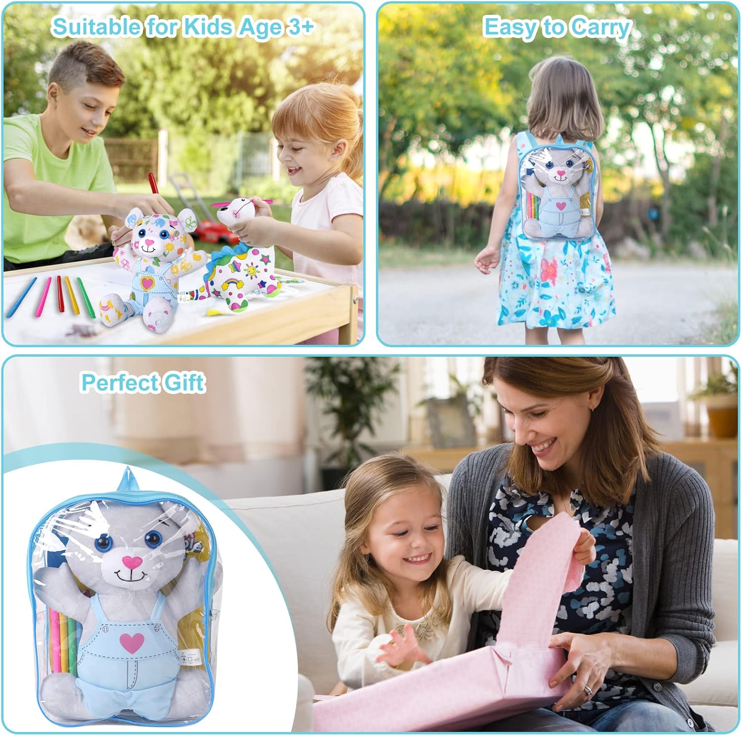 Coloring Plush Toy with 5 Washable Markers for Little Girls Doodle Dolls for Kids Ages 4-6 Birthday (Blue Bear)