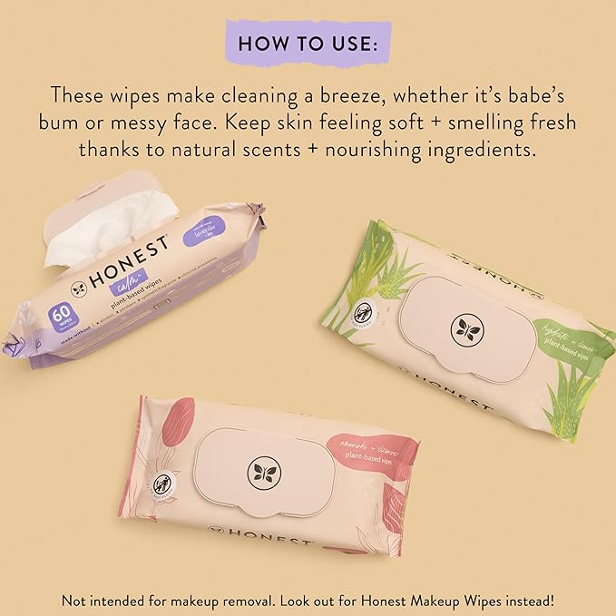 The Honest Company Calm + Cleanse Naturally Scented Wipes | Cleansing Multi-Tasking Wipes | 99% Water, Plant Based, Hypoallergenic | Lavender, 60 Count