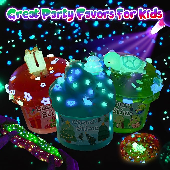 LAWOHO 6 Packs Red & Green Slime for Kids- Clear, Butter, Cloud Slime Making Kit with Glow in The Dark Add-ins & Charms, Slimes Kit for Boys & Girls Party Favors, Birthday Halloween Christmas Easter