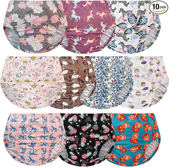 EZ Moms 10 Pack Waterproof Plastic Underwear Newborn Cloth Cover Breathable and Reusable Plastic Training Underwear for Girls Comfortable Waterproof Pants for Baby Suit Swim Diaper Cover Girls 4T