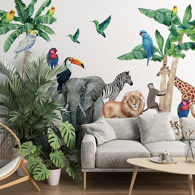 Safari Animal Wall Decals for Kids by Lipastick-Peel and Stick Jungle Stickers Giraffe, Elephant, Hippo, Palm Tree, Parrot for Toddlers Room, Nursery, Playroom, Classroom, Daycare Decor Art- XXL