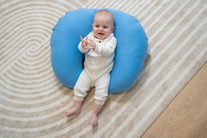 Dr. Mama's Organics Nursing Pillow with Lumbar Support - Ergonomic Design Helps Relieve Back Pain and Arm Fatigue - for Bottle and Breastfeeding - Removable Organic Cotton Cover - (Blue)