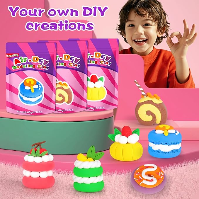 ifergoo Air Dry Clay Kit for Kids - Cakes Modeling Clay, Includes 6 Dessert Designs and Display Stand, DIY Art & Crafts School Projects, Home Party Kids Toys, Holidays Gifts for Age 3-12 Girls & Boys