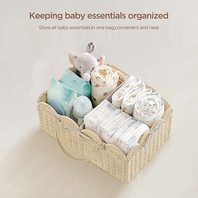 HBlife Baby Diaper Caddy, Paper Rope Storage Baskets Nursery Bin with Removable Divider, Portable Car Organizer for Diapers, Baby Shower Gifts, Newborn Essentials Must Haves