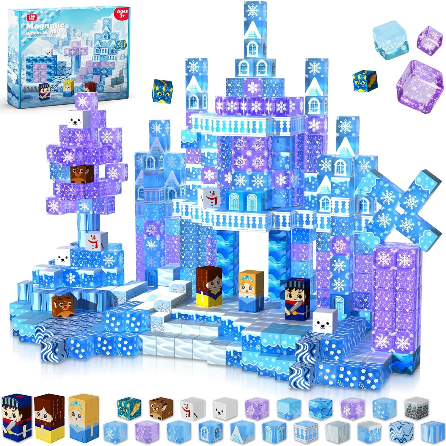Magnetic Blocks - 100Pcs 0.8in Magnetic Building Block for Kids Ages 4-8, Transparent Magnet Block for Blue Princess Castle Build, Magnet Cubes Tiles Princess Toy for Girl 3 4 5 6 7 8-12 Birthday Gift
