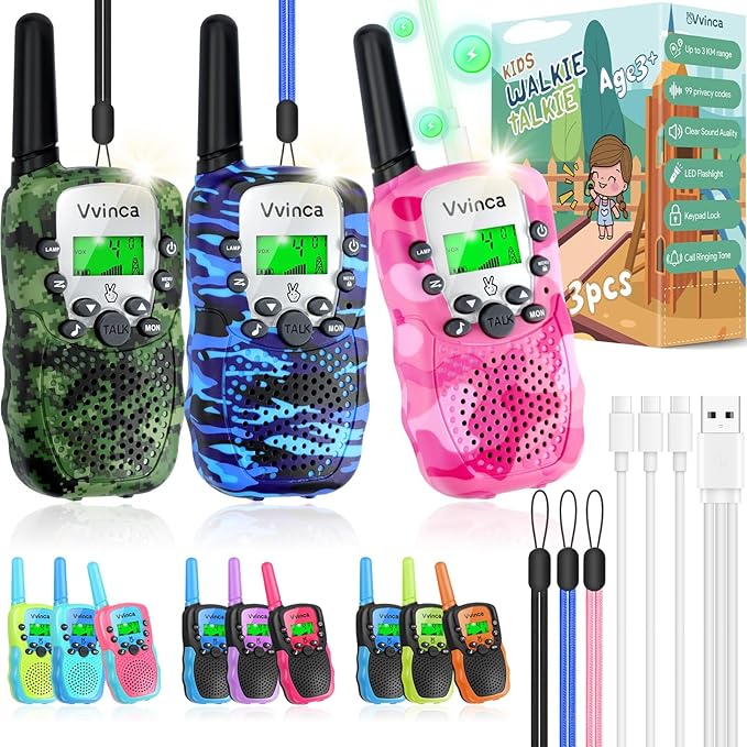 Vvinca Walkie Talkies for Kids Rechargeable 3 Pack, Army Toys for Boys Girls Ages 3-13 Outdoor Military Camping Toy Birthday Gift, Walkie-Talkie 3KM Long Range 2 Way Radios 22 CH with Flashlight