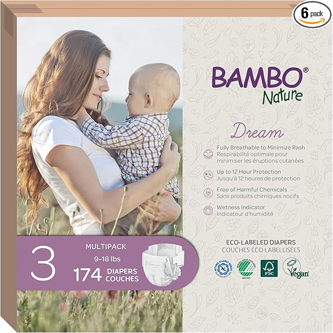 Bambo Nature Hypoallergenic Baby Diapers, Eco-Labelled Sustainable Diapers, Enhanced Leakage Protection, Totally Chlorine-free, Skin Friendly, and Super Absorbent - Size 3 (174 Count)