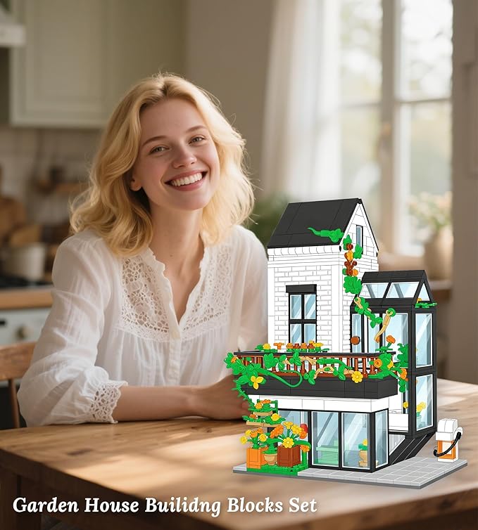 Garden Villa House Building Set, Flower House Building Set, Greenhouse Modular Building Block Kit Home Decor Gift for Adults