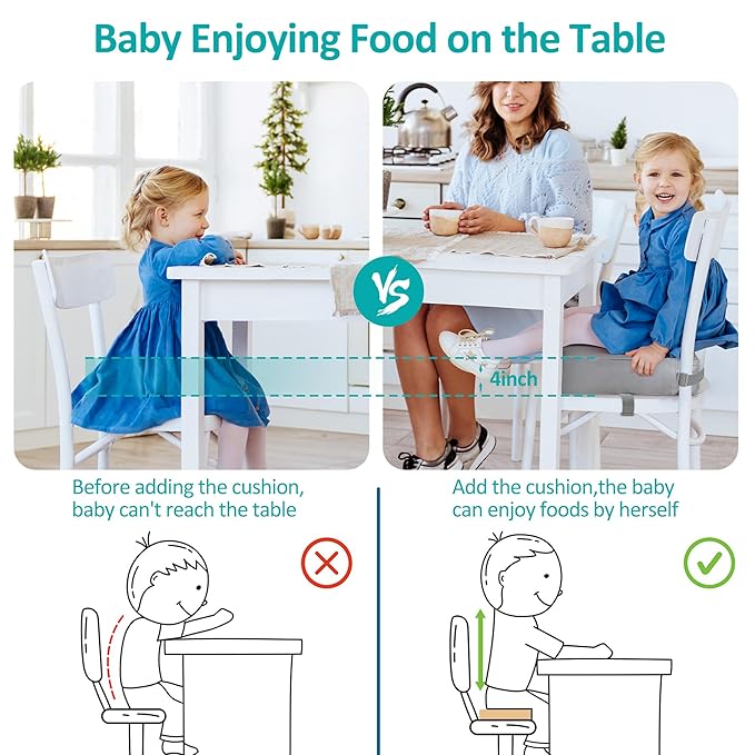 Toddler Booster Seat for Dining Table, Stronger Support Non-Slip Bottom Booster Seat for Kitchen Chair 2 Adjustable Straps Portable Travel and Home Increasing Booster Cushion Kid Baby(Grey)