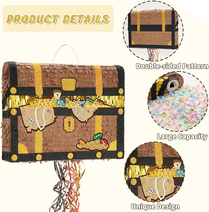 WERNNSAI Treasure Chest Piñata - Pull String Pirate Themed Piñata with Blindfold and Bat Adventure Birthday Party Decoration for Boys Kids Family Games Piñata Adventure Theme Party Supplies