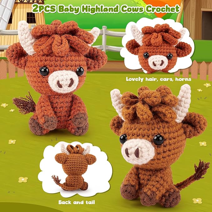 Highland Cow Crochet Kit for Beginners - 2PCS Animals Crochet Kit with Step-by-Step Video Tutorials, Highland Cows Crocheting Kit, Crochet Starter Kit for Kids and Adults, Stuffed Animal Knitting Kit