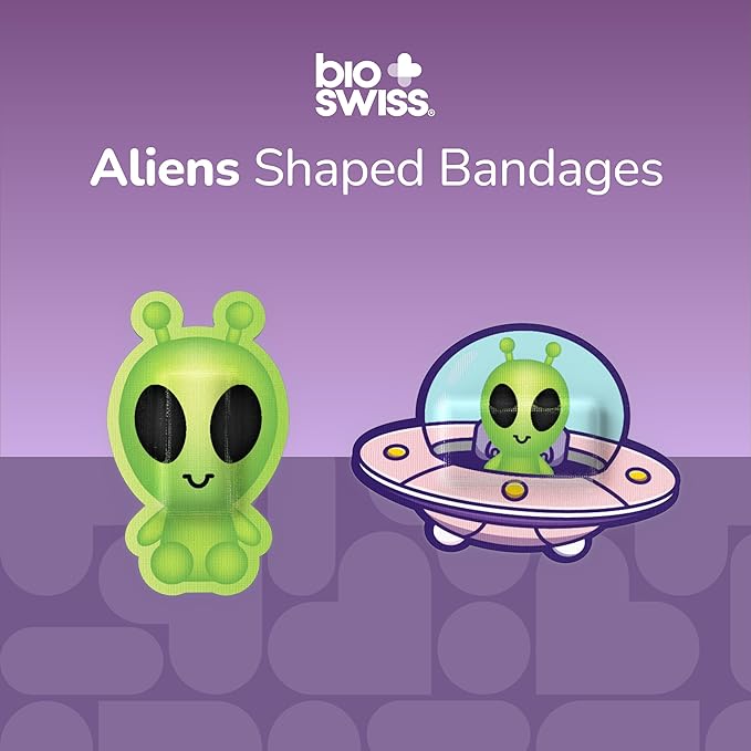 BioSwiss Bandages, Halloween Alien Shaped Self Adhesive Bandage, Latex Free Sterile Wound Care, Fun First Aid Kit Supplies for Kids, 50 Count