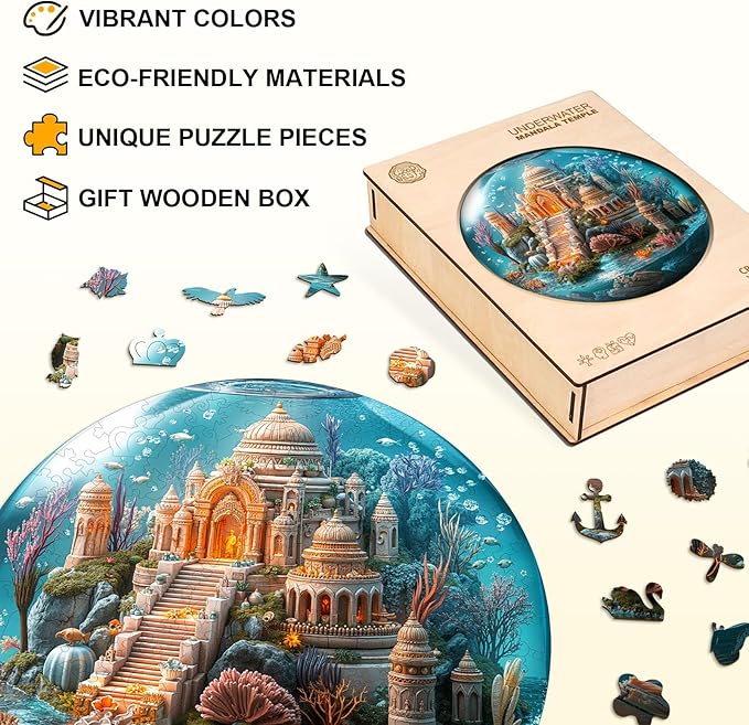 Jigfoxy Wooden Puzzles for Adults, Indian Temple Sanctua Wood Puzzles Adult, Unique Animal Shape Wooden Jigsaw Puzzles for Adults, Birthday Gifts for Puzzle Lovers, Family, Friend (S-8.5*8.5in-100pcs)