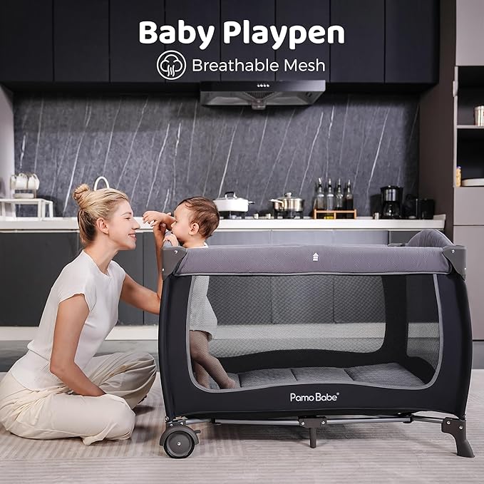 Pamo Babe Baby Playard with Canopy, Portable Crib with Changing Table