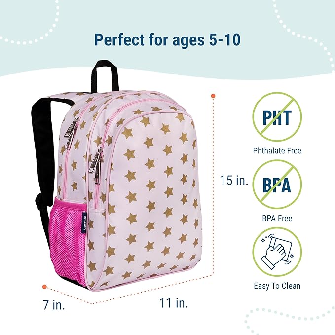 Wildkin 15-inch Kids Backpack – Durable, Padded, Adjustable for School & Travel - Pink and Gold Stars