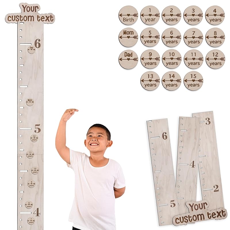 Personalized Wooden Ruler Growth Chart for Kids with Height Markers, Custom Name Growth Chart Hanging Decor for Baby Boy & Girl, Family Measuring Board Wood, Wall Meter for Children (56 in x 3,5 in)
