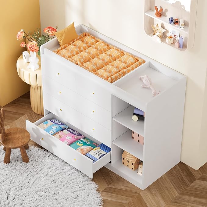 Nursery Dresser Changing Table Dresser with Changing Top Diaper Changing Station with 5 Drawers and 3 Shelves for Children's Room，White