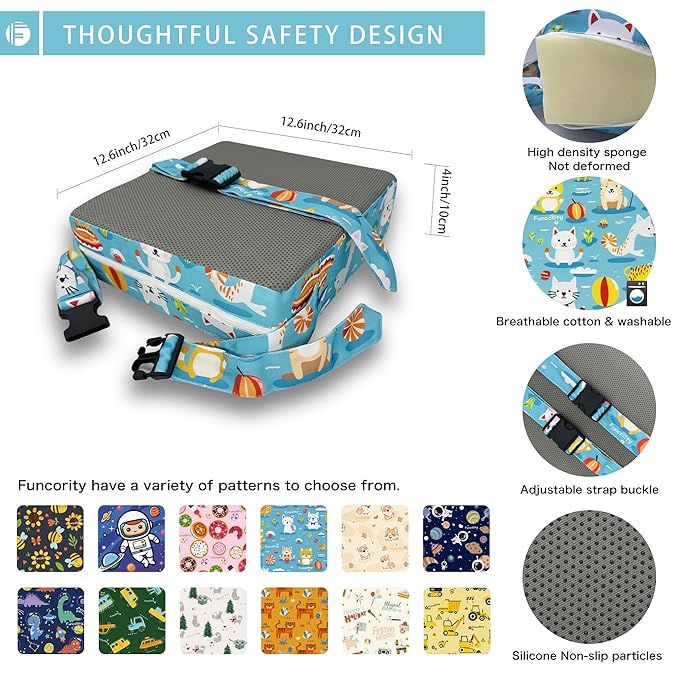 Toddler Booster Seat for Dining Table, Portable Booster Seat for Kitchen Chair, 4 Inch High-Density Foam Cushion with Adjustable Safety Straps and Non-Slip Bottom, Perfect for Kids Travel and Daily