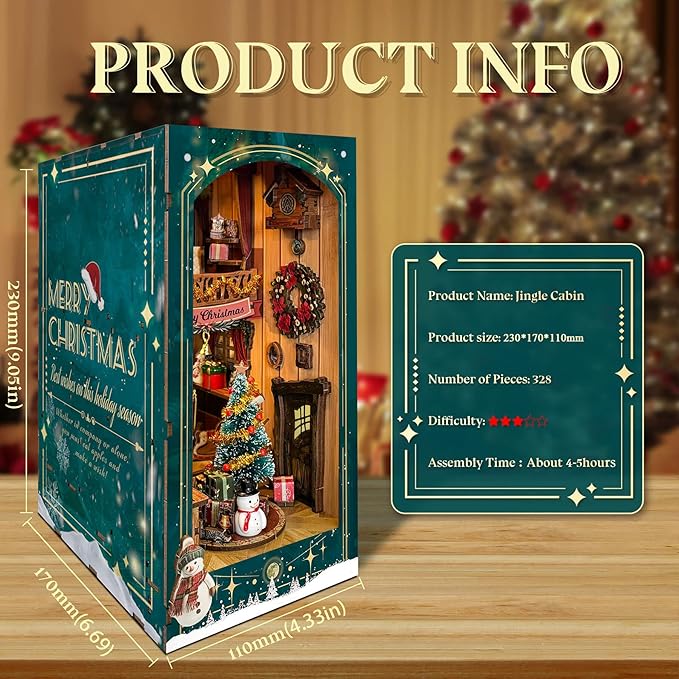 Miniature Book Nook Kit Christmas Book Nooks for Adults, Christmas Tiny House Book Nook Winter Christmas Kit, DIY 3D Puzzle Christmas House (Jingle Cabin)