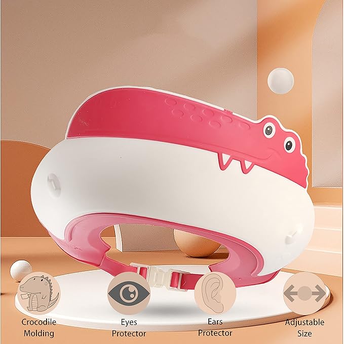 Baby Shower Cap Shield, Shower Cap for Kids, Visor Hat for Eye and Ear Protection for 0-9 Years Old Children,Cute Dinosaur/Crocodile/Hippo shape Makes the Baby Bath More Fun (Crocodile, Red)