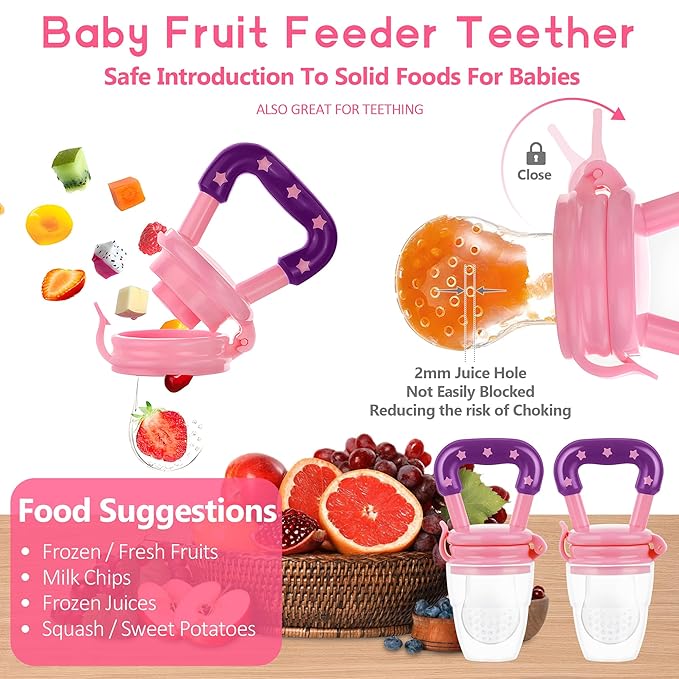 WAJIAYON Baby Fruit Feeder Pacifier | Infant Food Feeder Pacifier & Food Dispensing Spoon | Mesh Fresh Fruit Teethers for Babies | Silicone Feeder Baby Shower Gifts for Boys and Girls (Pink)