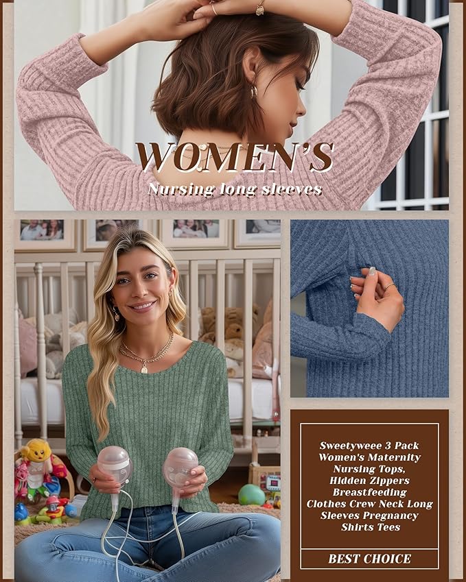 3 Pack Women's Nursing Long Sleeve Tops Breastfeeding Thermal Sweaters with Hidden Zipper Maternity Ribbed Shirts