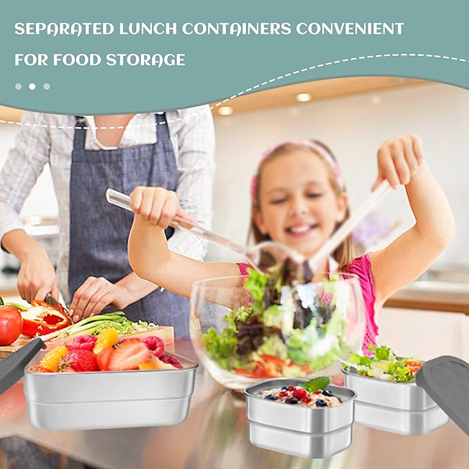 HaWare Stainless Steel Lunch Box for Kids, Leak Proof Food Storage Containers with Silicone Lids, Easy Open Bento Box for School and Daycare, Portable Metal Snack Box, Dishwasher Safe (8oz*2+25oz)
