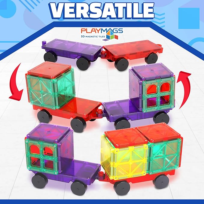 Playmags 2 Piece Car Set: with Stronger Magnets, STEM Toys for Kids, Use with All Magnetic Tiles and Blocks Sturdy, Super Durable with Vivid Clear Color Tiles. (Colors May Vary)