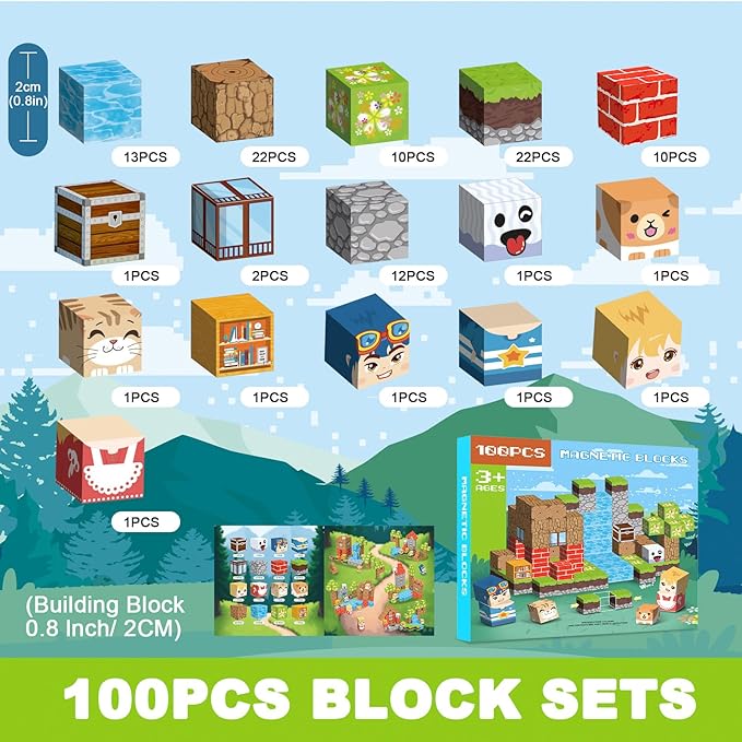 Magnetic Blocks 100 PCS Magnetic Building Blocks, 3+ STEM Montessori Sensory Toys, Magnetic Cube for for 3 4 5 6 7 8 9 10 11 12 8-12 Years Old Boys & Girls Birthday Gifts