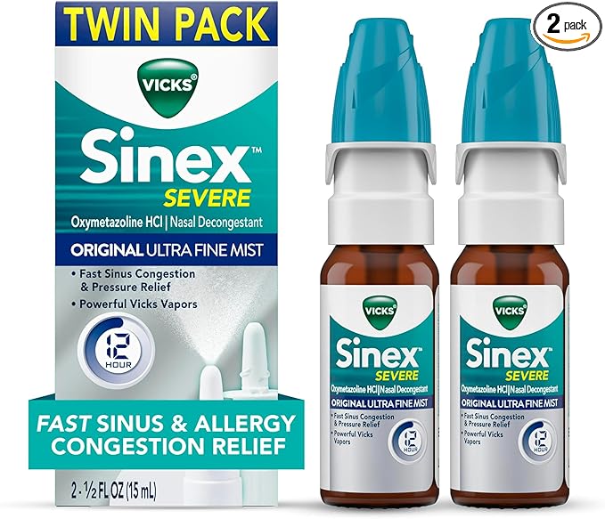 Vicks Sinex SEVERE Allergy & Sinus Nasal Spray, Original Ultra Fine Mist, Decongestant Medicine, Relief from Nasal Congestion due to Cold or Allergy, Sinus Pressure Relief, 265 Sprays x 2