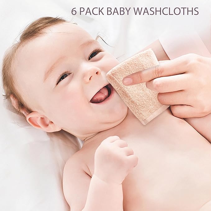 Baby Washcloths 6 Pack 100% Cotton Soft and Absorbent Terry 10" x 10" Wash Cloths Wipes for Face Hand Body Burp Rag with Sensitive Skin for Newborns Infants Toddlers