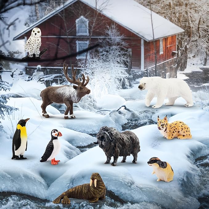 Toymany 14PCS Mini Arctic Animals Figurines Set, Polar Animals Toys with Polar Bear, Caribou, Penguin, Walrus, Wolf Figurines Cake Toppers Birthday Easter Gifts for Preschool Kids