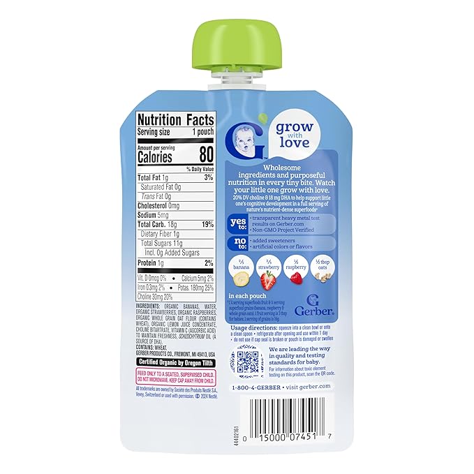 Gerber Stage 2 Baby Food, Organic Banana Strawberry Raspberry Oatmeal, Baby Puree, 12PK