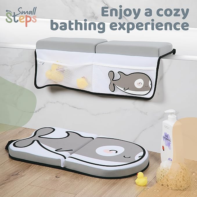 Small Steps Bath Kneeler and Elbow Rest Pad Set – Ergonomic Baby Bath Kneeling Pad with Memory Foam and Non-Slip Design – Orca-Themed Comfort with Handy Pockets for Bathing Babies and Kids