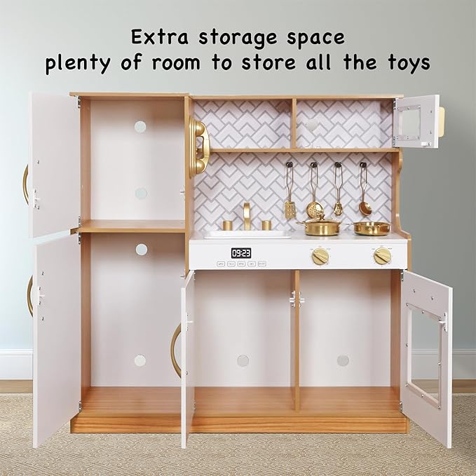 Wooden Play Kitchen Toy Set with Light, Kids Children Pretend Toy Kitchen Playset, Sink Play Toy Oven with Microwave,Toddler Cooking Set Toy for Ages 3+