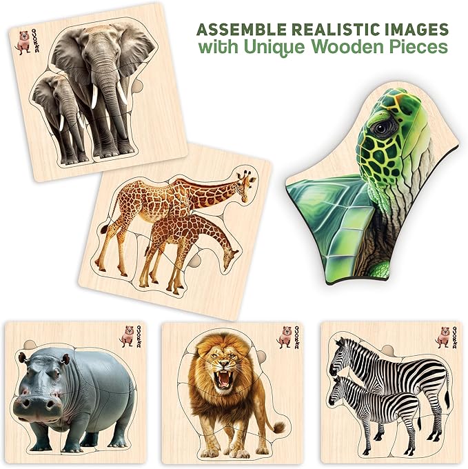 QUOKKA Realistic Wooden Puzzles for Toddlers 1-3 Year Old - 5,9 x5,9 Inches Kids Puzzles Ages 2-4 - Safari Montessori Toddler Toys - Motor Skills Games Gifts for Boys and Girls