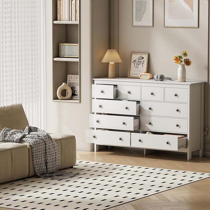 10 Drawer Dresser, 55" Modern White Dressers and Chests of Drawers, 10 Drawer Wide Dressers for Bedroom