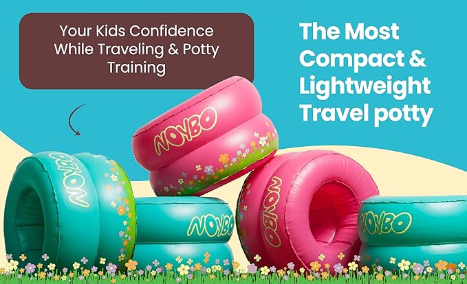 Travel Potty Seat for Toddlers - Inflatable Portable Toilet Kids Chair, Foldable Compact Lightweight Potty for Camping Road Trips, Outdoor Car Travel, Holds 66 lbs and 20 Durable Disposable Bags