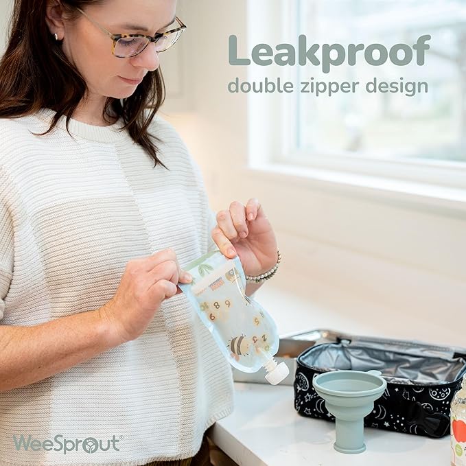 WeeSprout Double Zipper Reusable Food Pouches, Perfect for Babies & Toddlers, Freezer & Dishwasher Safe (Animals, 3.4 Fl Oz (Pack of 6) + Pouch Filler)